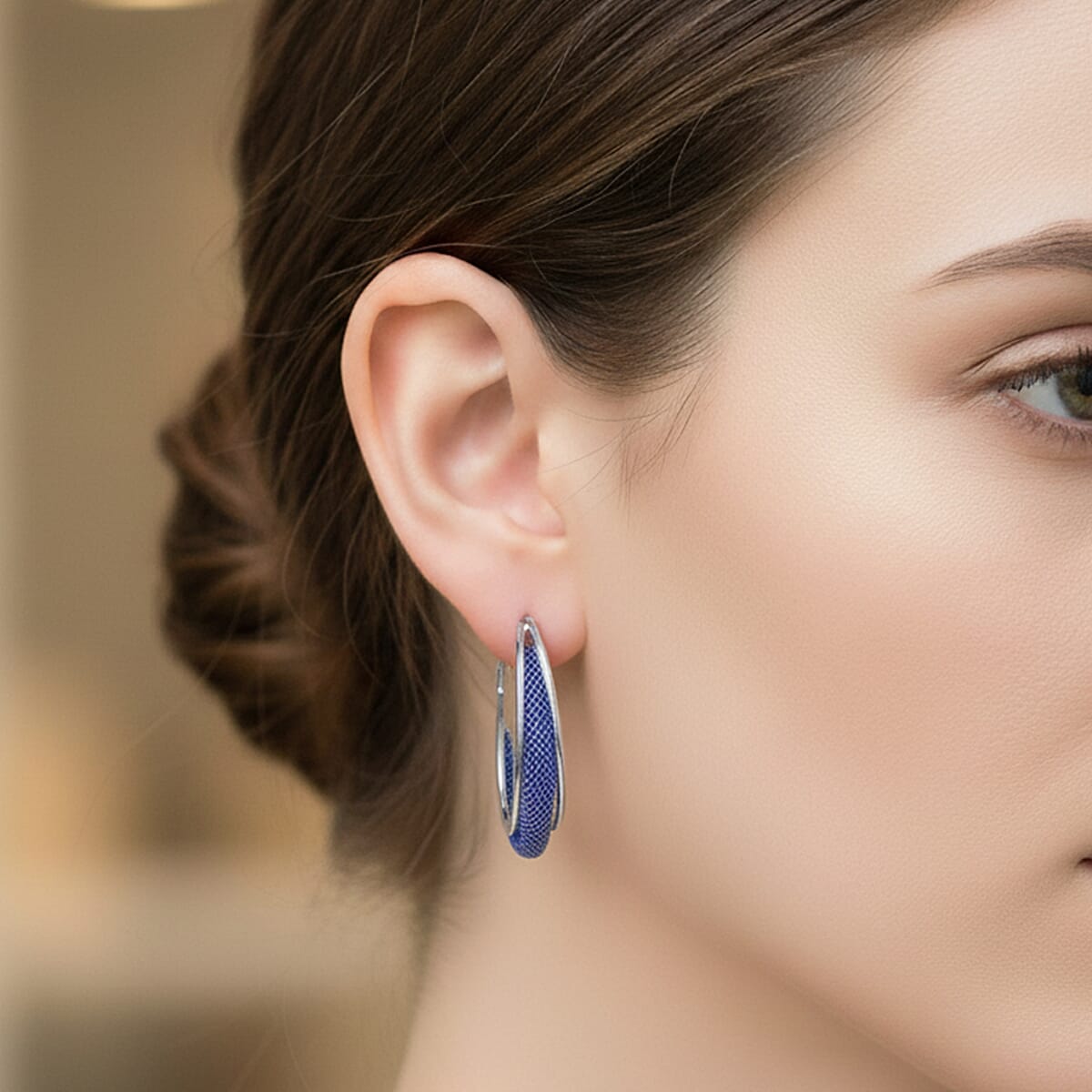 Blue Austrian Crystal Mesh Hoop Earrings in Silvertone image number 2