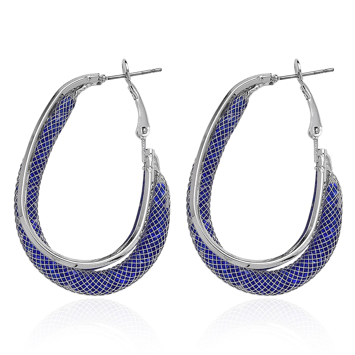 Blue Austrian Crystal Mesh Hoop Earrings in Silvertone image number 3