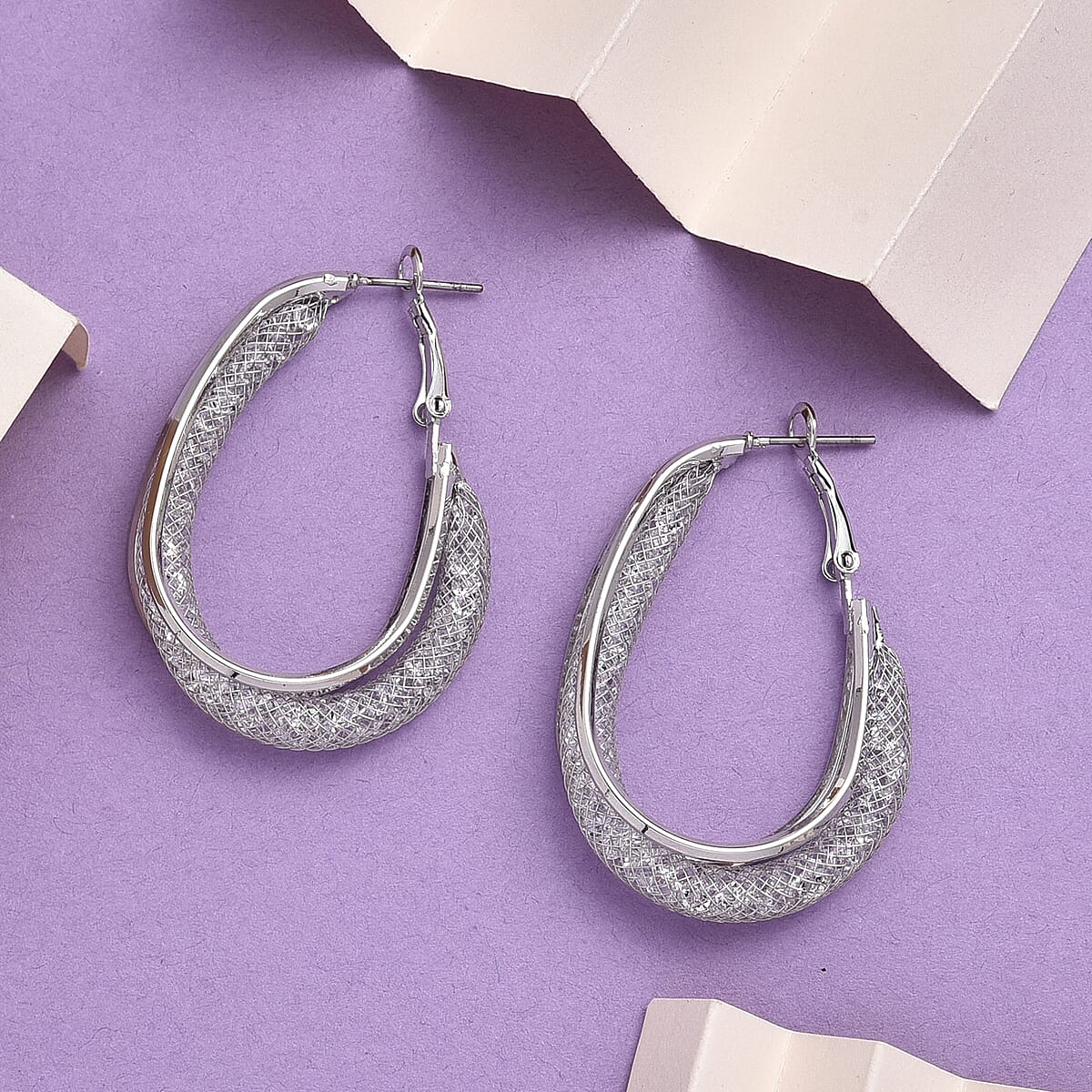 Austrian Crystal Mesh Hoop Earrings in Silvertone image number 1