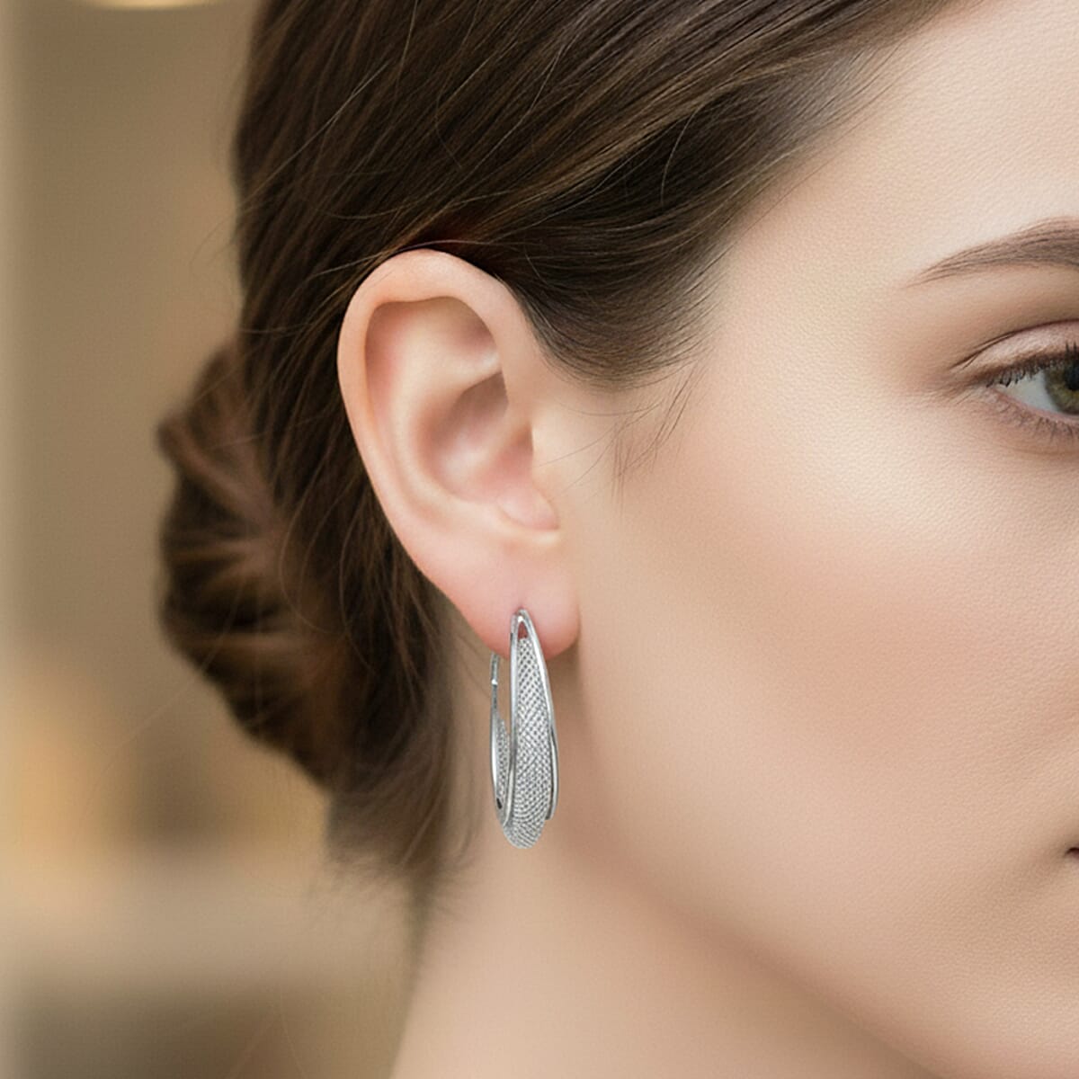 Austrian Crystal Mesh Hoop Earrings in Silvertone image number 2