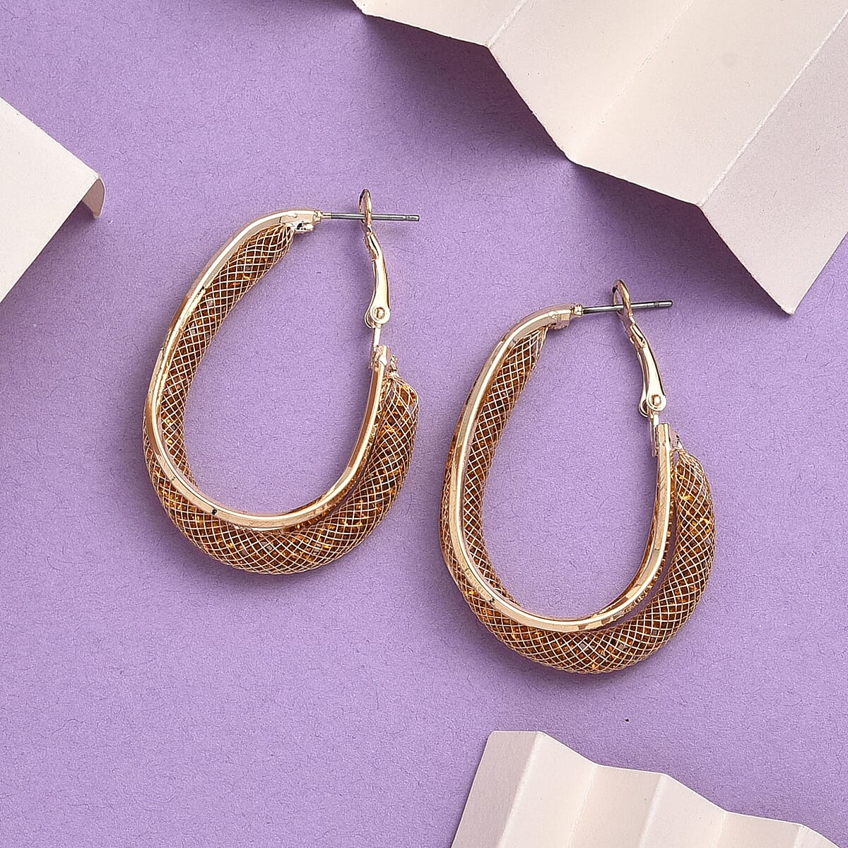 Champagne Austrian Crystal Mesh Hoop Earrings in Goldtone image number 1