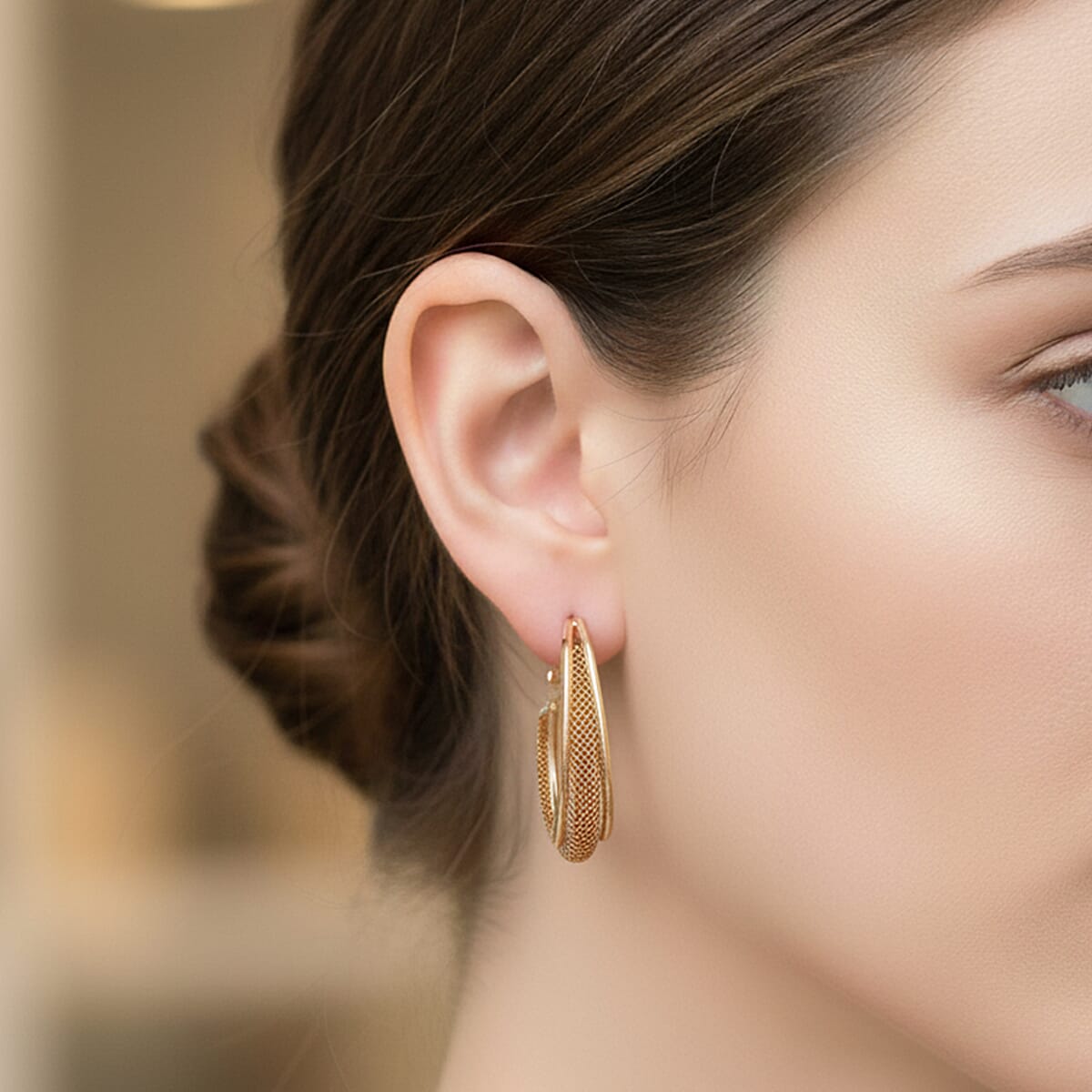 Champagne Austrian Crystal Mesh Hoop Earrings in Goldtone image number 2