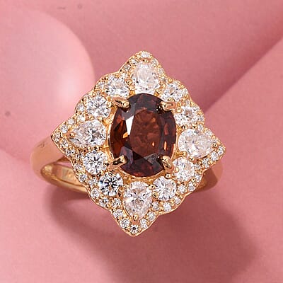 D'Joy Premium Red Zircon and Moissanite 4.35 ctw Fire Reign Ring in 18K Vermeil Yellow Gold Over Sterling Silver (Size 8.0)