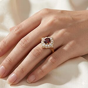 D'Joy Premium Red Zircon and Moissanite 4.35 ctw Fire Reign Ring in 18K Vermeil Yellow Gold Over Sterling Silver (Size 8.0)