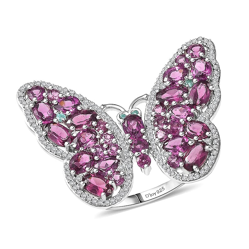 D'Joy AAA Radiant Ember Garnet, Multi Gemstone Flamecrest Butterfly Ring in Rhodium Over Sterling Silver 6.20 ctw (Size 10.0)