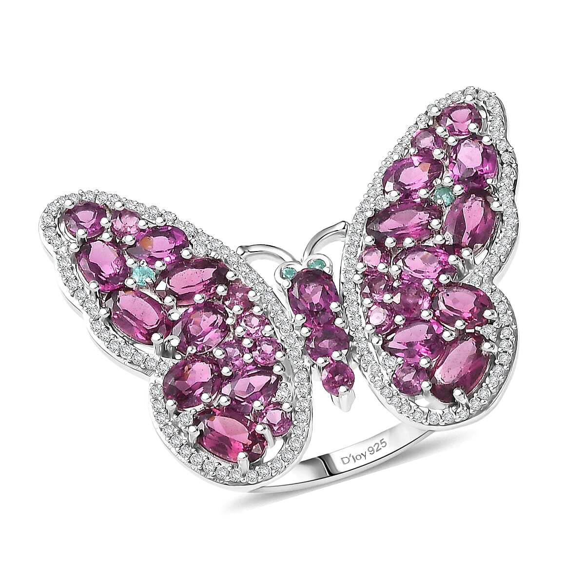 D'Joy AAA Radiant Ember Garnet, Multi Gemstone Butterfly Ring in Rhodium Over Sterling Silver (Size 10.0) 6.20 ctw