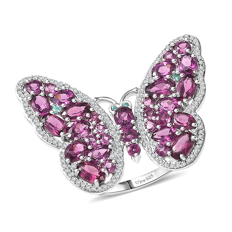 D'Joy AAA Radiant Ember Garnet, Multi Gemstone Flamecrest Butterfly Ring in Rhodium Over Sterling Silver 6.20 ctw (Size 5.0)
