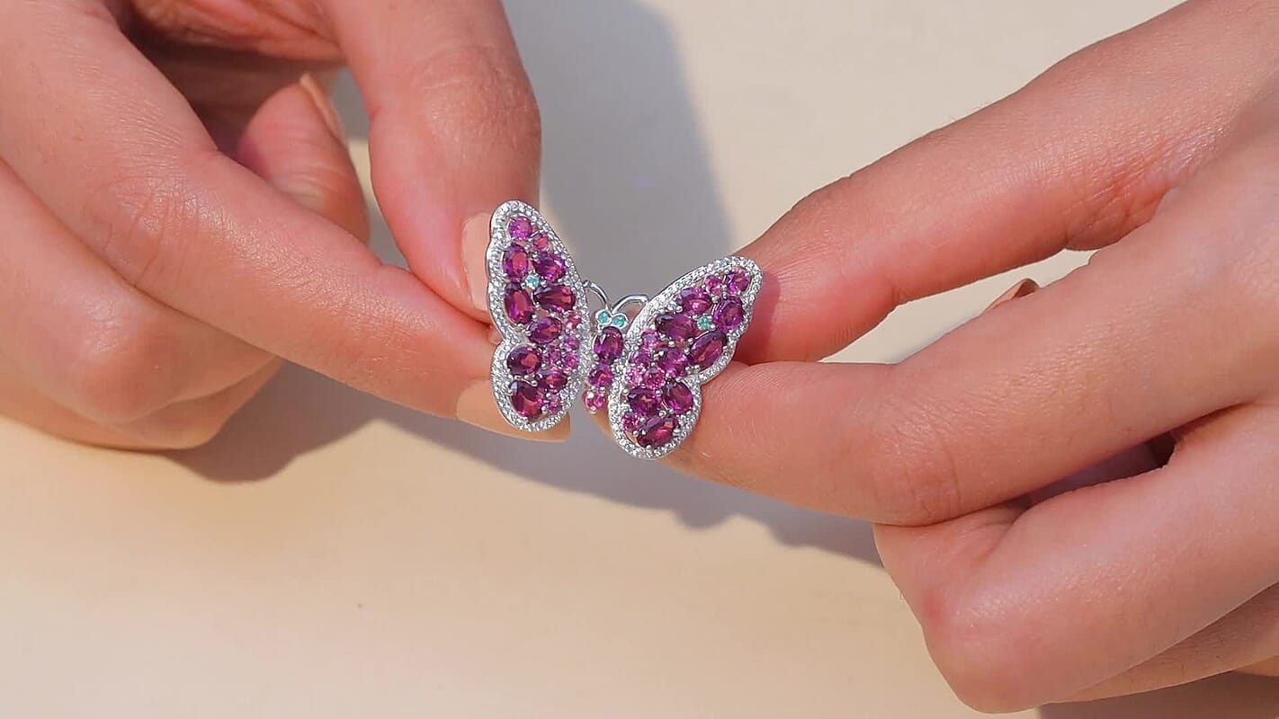 D'Joy AAA Radiant Ember Garnet, Multi Gemstone Butterfly Ring in Rhodium Over Sterling Silver (Size 10.0) 6.20 ctw
