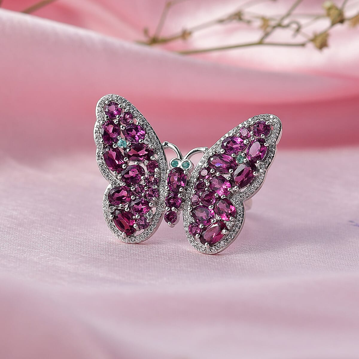D'Joy AAA Radiant Ember Garnet, Multi Gemstone Flamecrest Butterfly Ring in Rhodium Over Sterling Silver 6.20 ctw (Size 5.0) image number 1