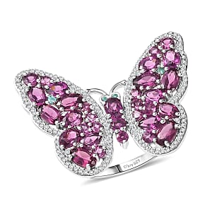 D'Joy AAA Radiant Ember Garnet, Multi Gemstone Butterfly Ring in Rhodium Over Sterling Silver 6.20 ctw (Size 6.0)