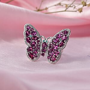 D'Joy AAA Radiant Ember Garnet, Multi Gemstone Butterfly Ring in Rhodium Over Sterling Silver 6.20 ctw (Size 6.0)
