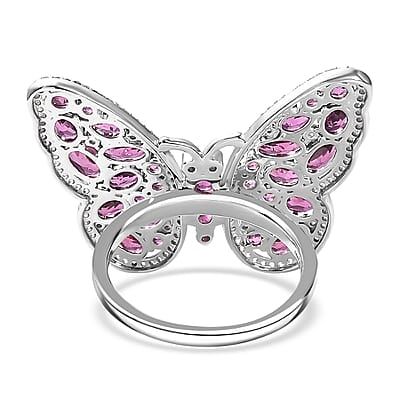 D'Joy AAA Radiant Ember Garnet, Multi Gemstone Flamecrest Butterfly Ring in Rhodium Over Sterling Silver 6.20 ctw (Size 7.0)