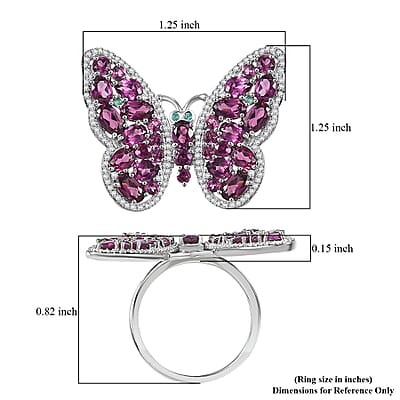 D'Joy AAA Radiant Ember Garnet, Multi Gemstone Flamecrest Butterfly Ring in Rhodium Over Sterling Silver 6.20 ctw (Size 8.0)