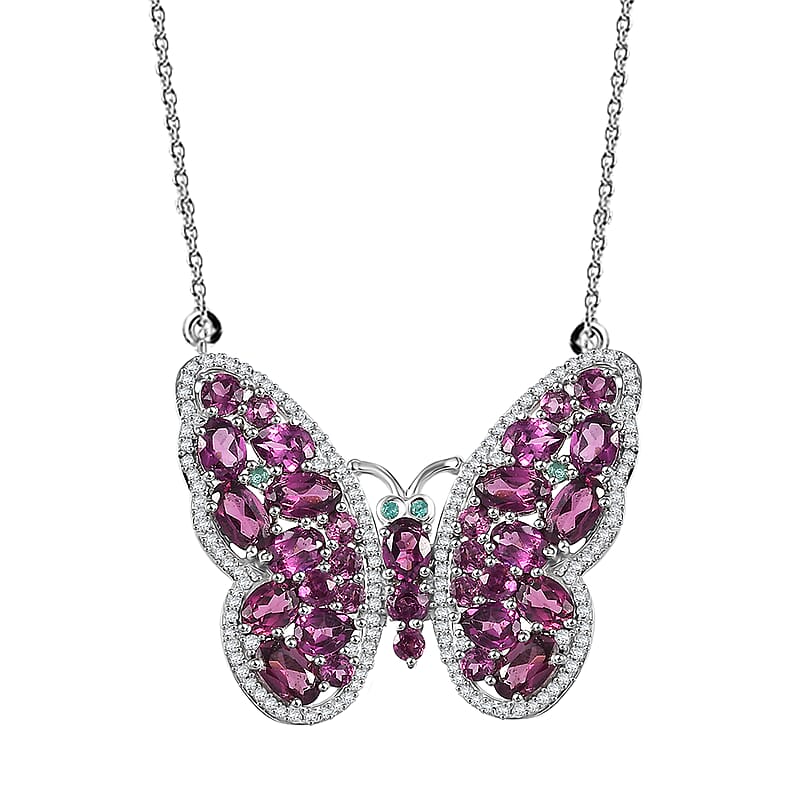 D'Joy AAA Radiant Ember Garnet and Multi Gemstone 6.20 ctw Flamecrest Butterfly Necklace in Rhodium Over Sterling Silver 18-20 Inches