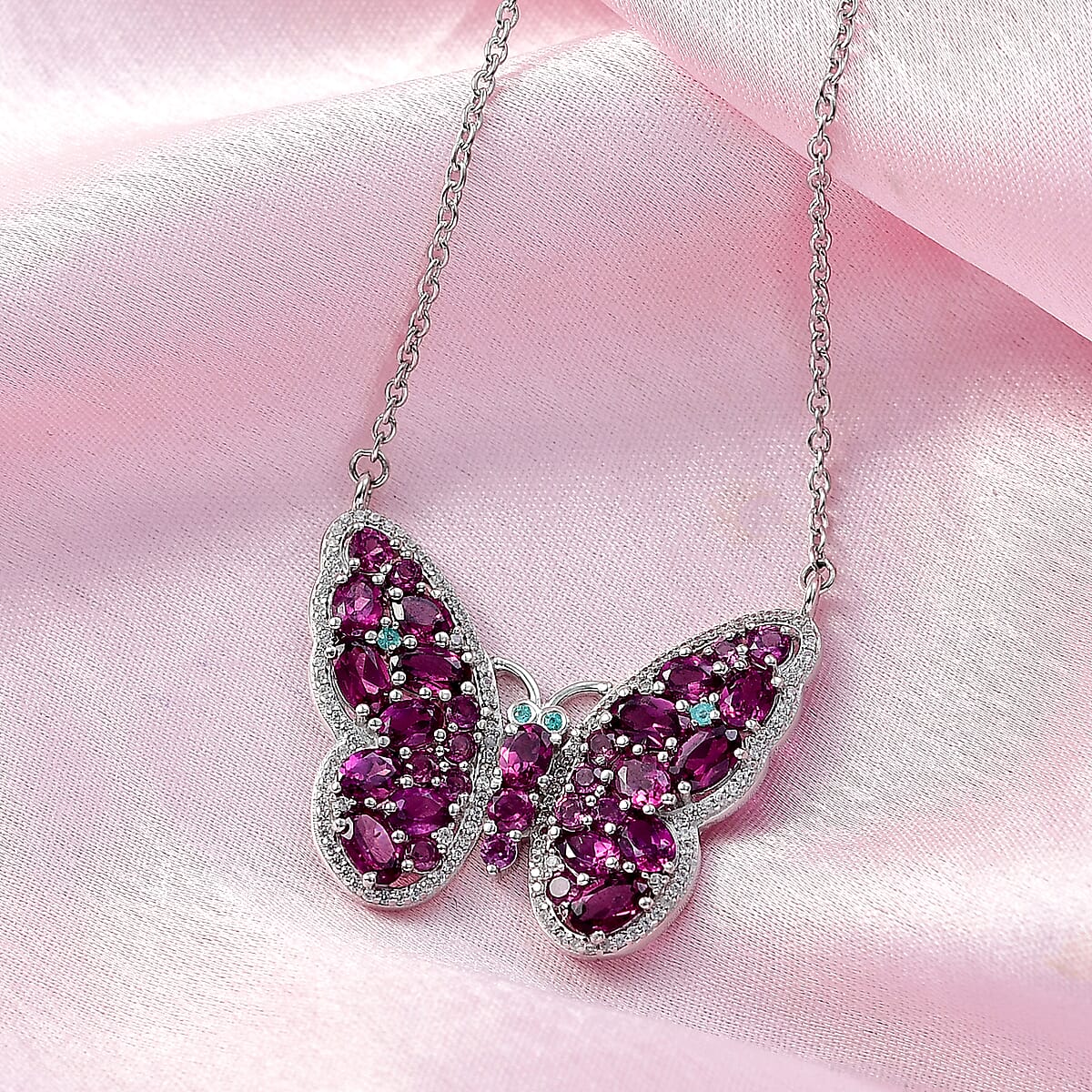 Doorbuster D'Joy AAA Radiant Ember Garnet and Multi Gemstone 6.20 ctw Flamecrest Butterfly Necklace in Rhodium Over Sterling Silver 18-20 Inches image number 1