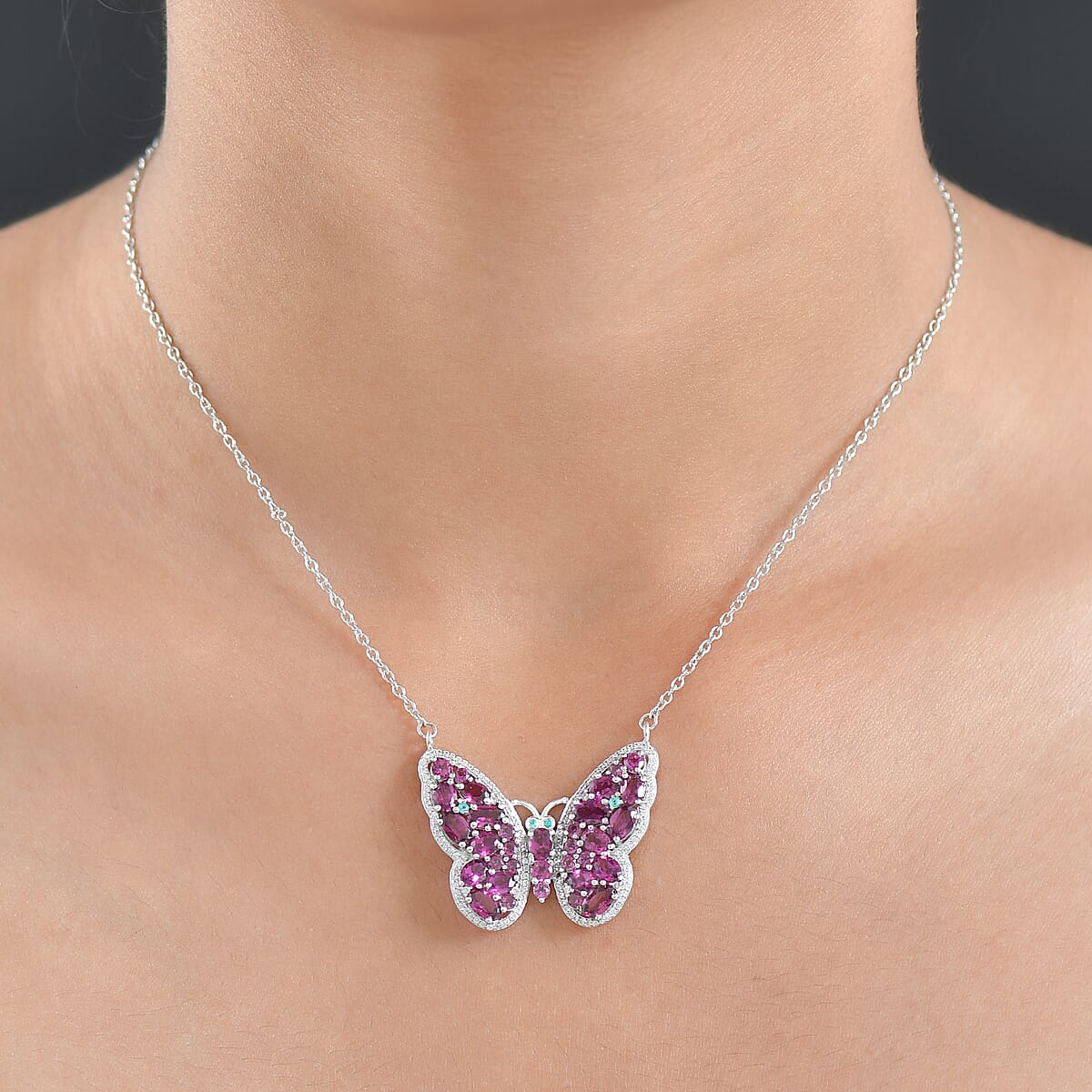 Doorbuster D'Joy AAA Radiant Ember Garnet and Multi Gemstone 6.20 ctw Flamecrest Butterfly Necklace in Rhodium Over Sterling Silver 18-20 Inches image number 2
