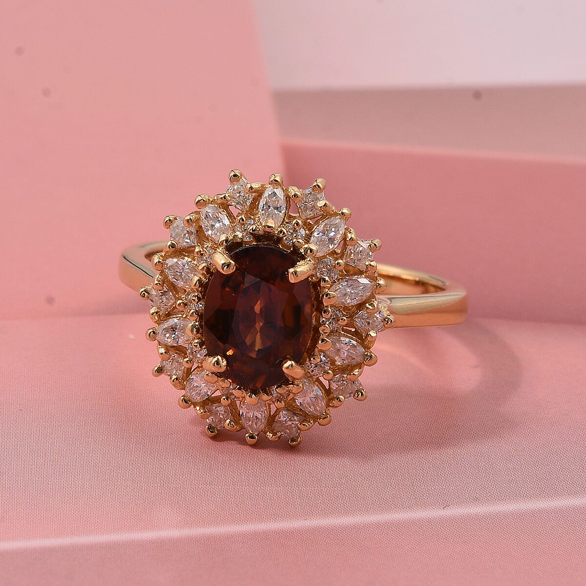 D'Joy Premium Red Zircon and Moissanite 2.75 ctw Flameburst Ring in 18K Vermeil Yellow Gold Over Sterling Silver (Size 7.0) image number 1