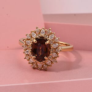 D'Joy Premium Red Zircon and Moissanite 2.75 ctw Flameburst Ring in 18K Vermeil Yellow Gold Over Sterling Silver (Size 7.0)