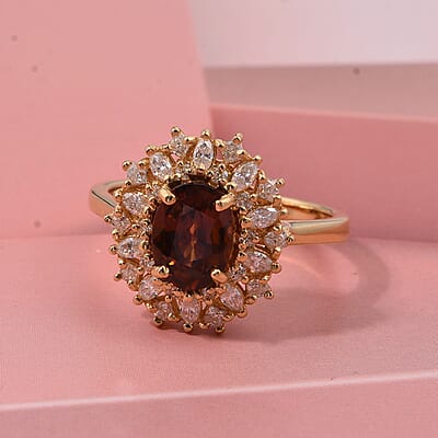 D'Joy Premium Red Zircon and Moissanite 2.75 ctw Flameburst Ring in 18K Vermeil Yellow Gold Over Sterling Silver (Size 8.0)