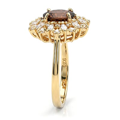 D'Joy Premium Red Zircon and Moissanite 2.75 ctw Flameburst Ring in 18K Vermeil Yellow Gold Over Sterling Silver (Size 8.0)