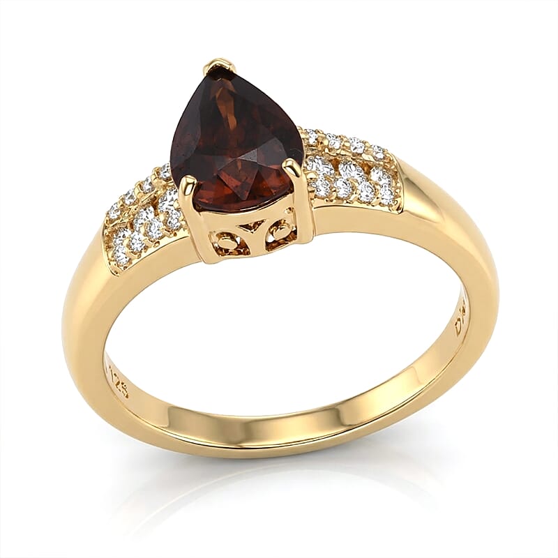 D'Joy Premium Red Zircon and Moissanite 1.85 ctw Flame Drop Ring in 18K Vermeil Yellow Gold Over Sterling Silver (Size 10.0)