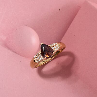 D'Joy Premium Red Zircon and Moissanite 1.85 ctw Flame Drop Ring in 18K Vermeil Yellow Gold Over Sterling Silver (Size 10.0)