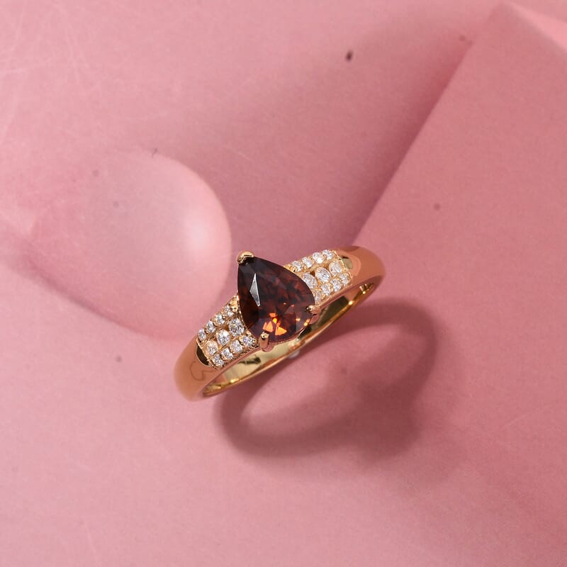 D'Joy Premium Red Zircon and Moissanite 1.85 ctw Flame Drop Ring in 18K Vermeil Yellow Gold Over Sterling Silver (Size 10.0)