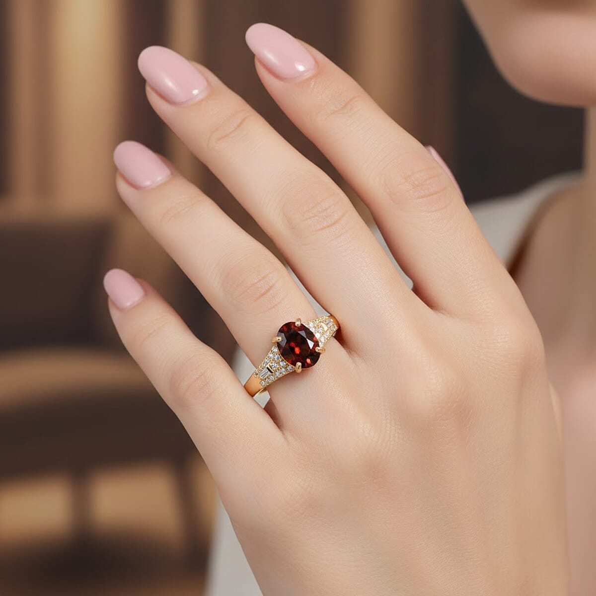 D'Joy Premium Red Zircon and Moissanite 2.30 ctw Flame Oval Ring in 18K Vermeil Yellow Gold Over Sterling Silver (Size 7.0) image number 2