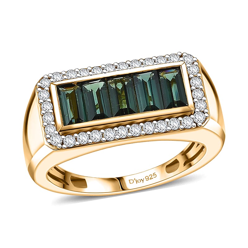  D'Joy Premium Monte Belo Indicolite and Moissanite 2.10 ctw Victory Frame Men's Ring in 18K Vermeil Yellow Gold Over Sterling Silver (Size 10.0)