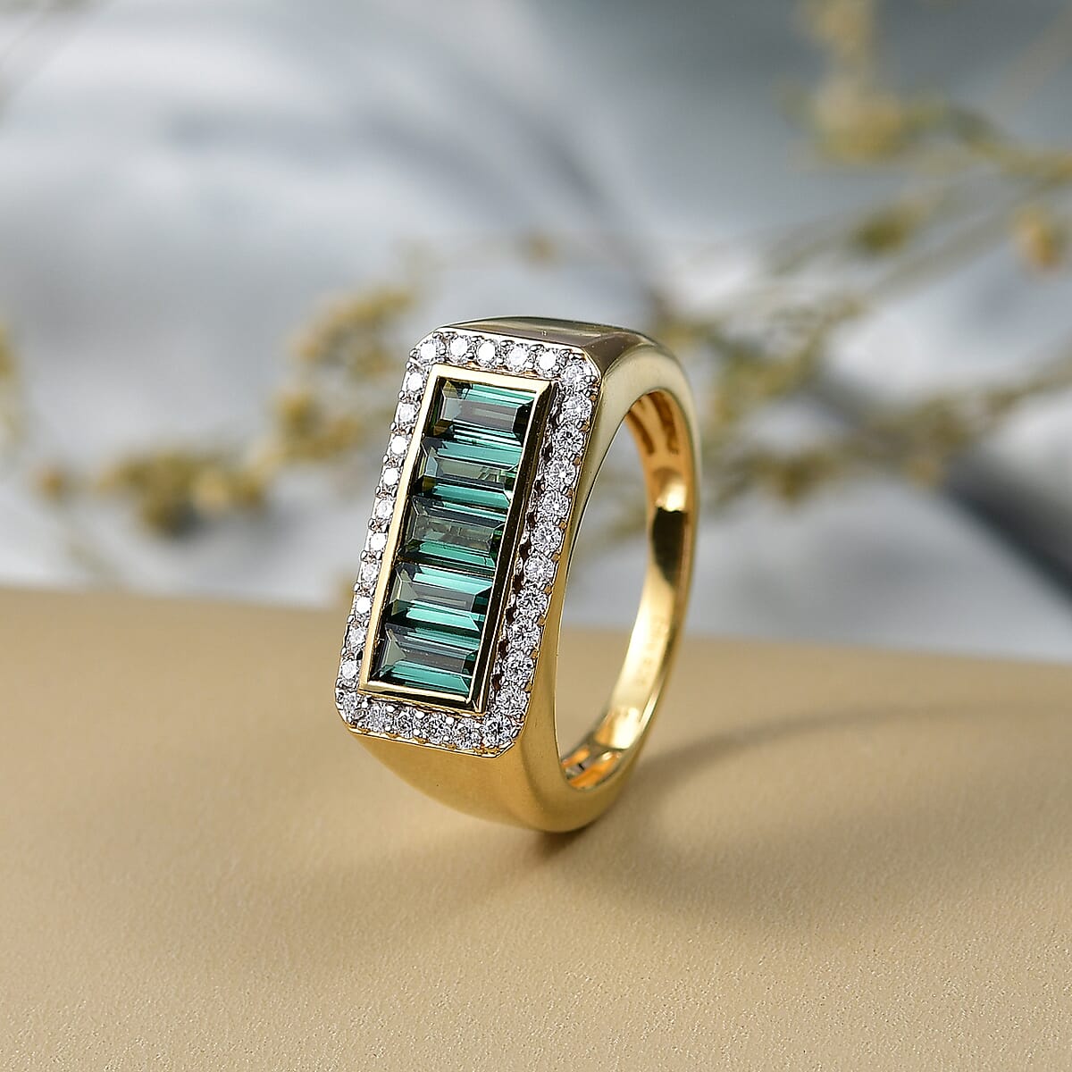 Doorbuster D'Joy Premium Monte Belo Indicolite and Moissanite 2.10 ctw Victory Frame Men's Ring in 18K Vermeil Yellow Gold Over Sterling Silver (Size 14.0) image number 1