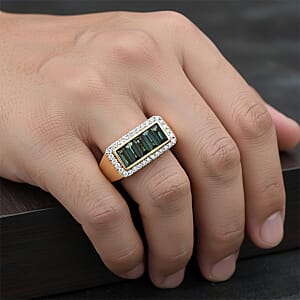 Doorbuster D'Joy Premium Monte Belo Indicolite and Moissanite 2.10 ctw Victory Frame Men's Ring in 18K Vermeil Yellow Gold Over Sterling Silver (Size 14.0)