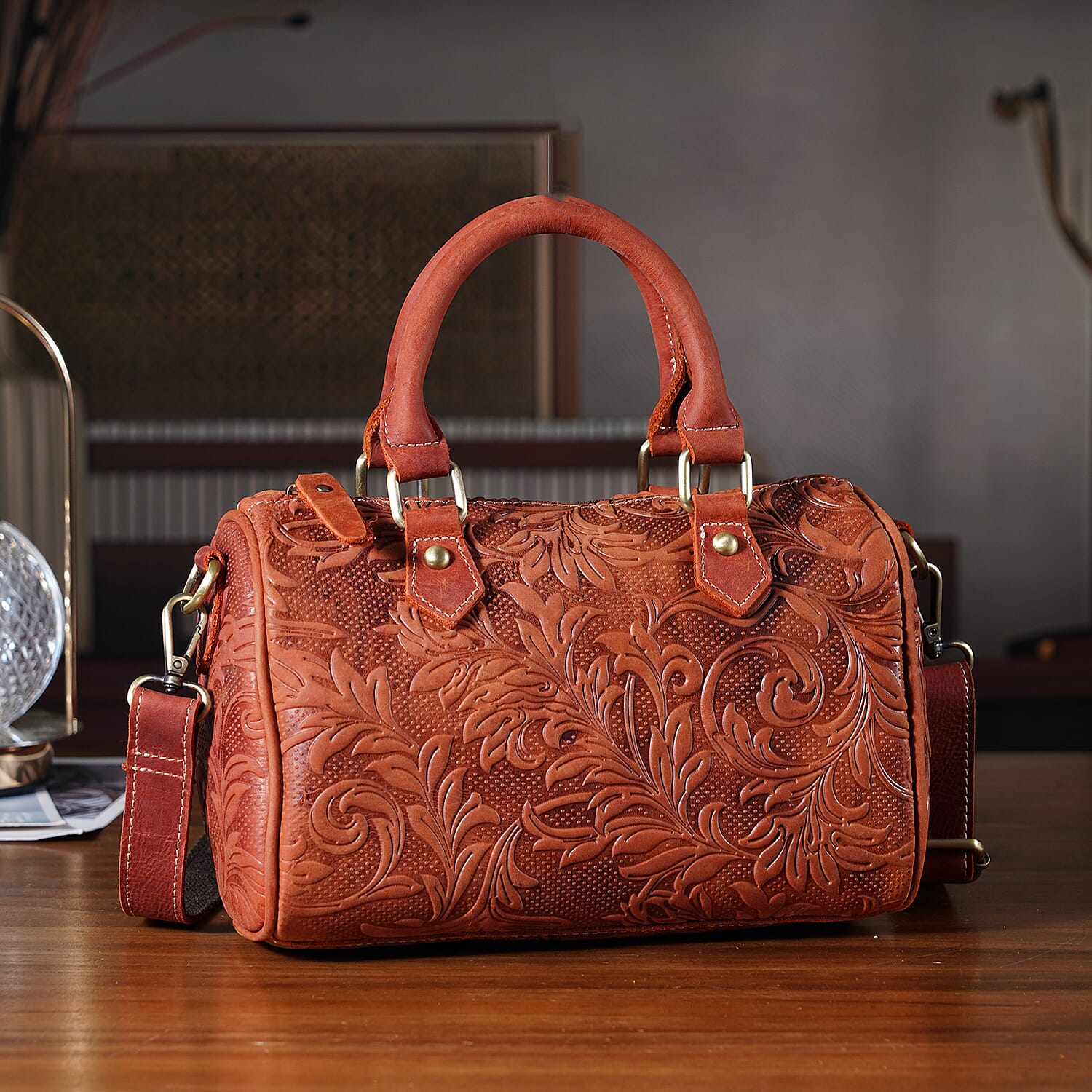 La Marey Orange & Red Herringbone Pattern Genuine Leather Crossbody Bag with Shoulder Strap