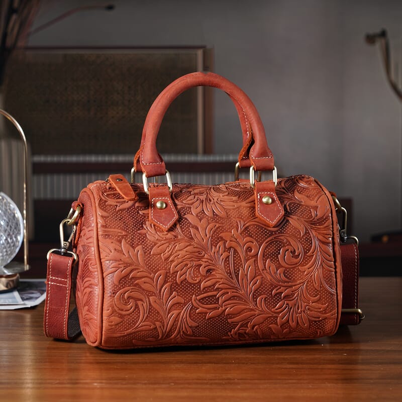La Marey Orange & Red Herringbone Pattern Genuine Leather Crossbody Bag with Shoulder Strap