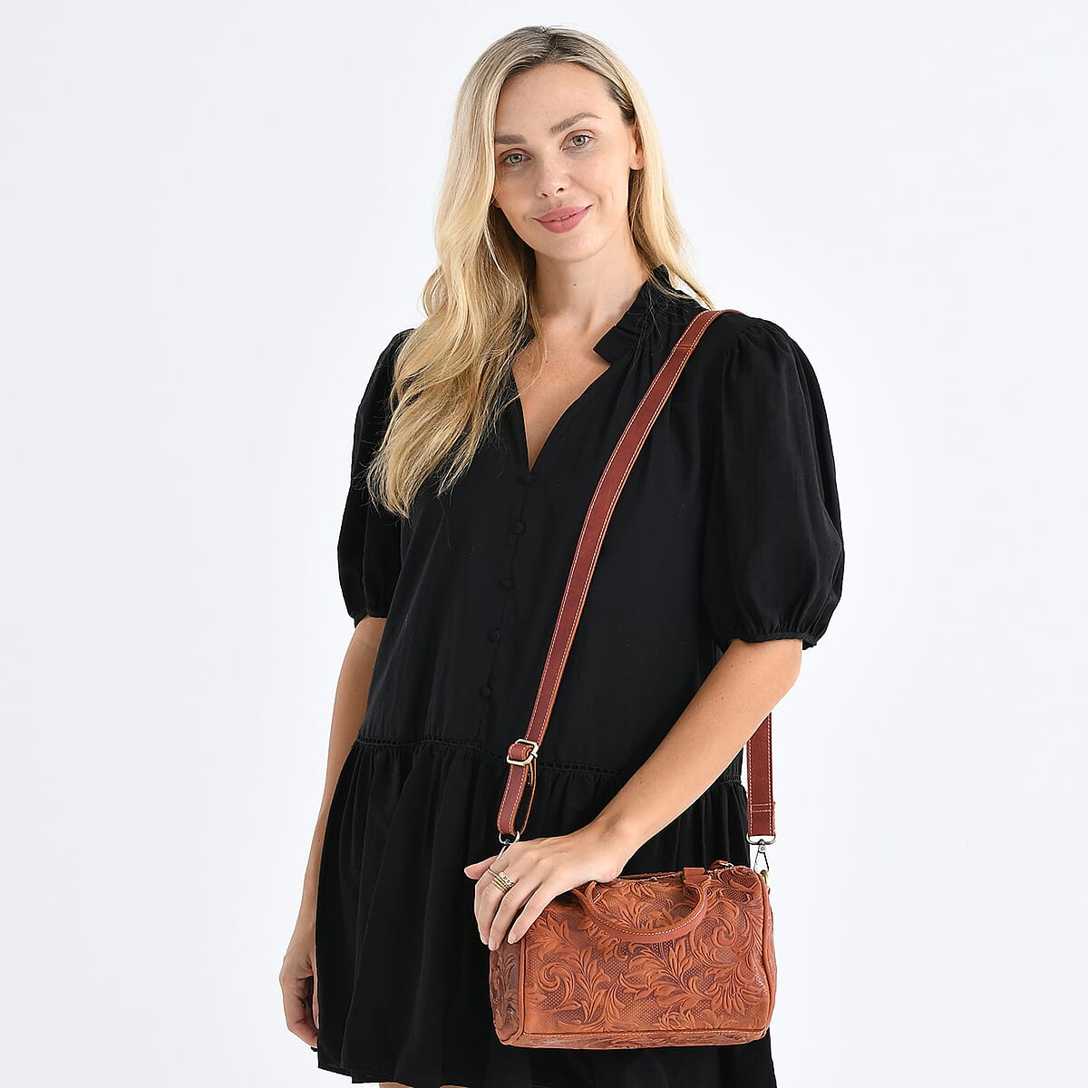 La Marey Orange & Red Herringbone Pattern Genuine Leather Crossbody Bag with Shoulder Strap image number 2