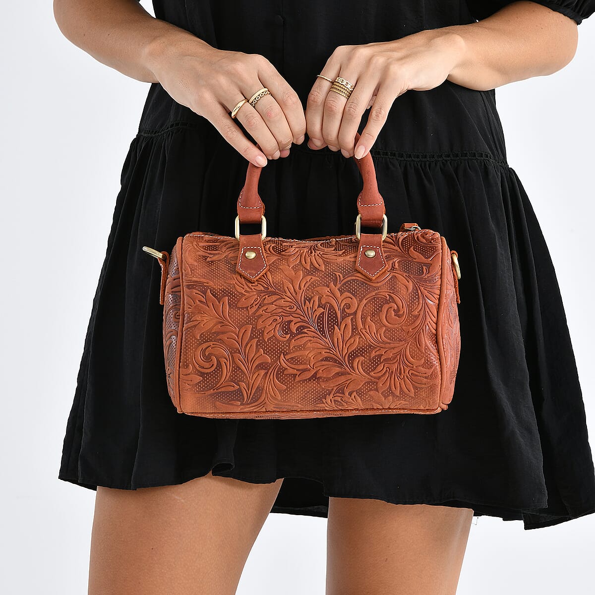 La Marey Orange & Red Herringbone Pattern Genuine Leather Crossbody Bag with Shoulder Strap image number 3