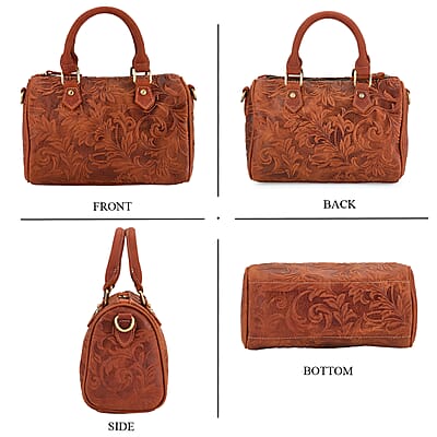 La Marey Orange & Red Herringbone Pattern Genuine Leather Crossbody Bag with Shoulder Strap