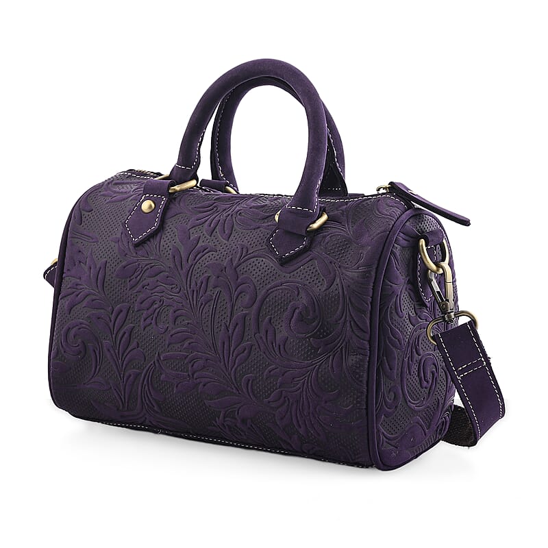 La Marey Purple Herringbone Pattern Genuine Leather Crossbody Bag with Shoulder Strap