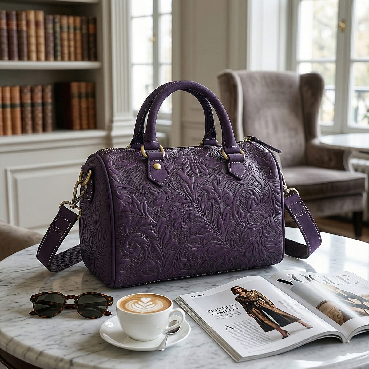 La Marey Purple Herringbone Pattern Genuine Leather Crossbody Bag with Shoulder Strap image number 1