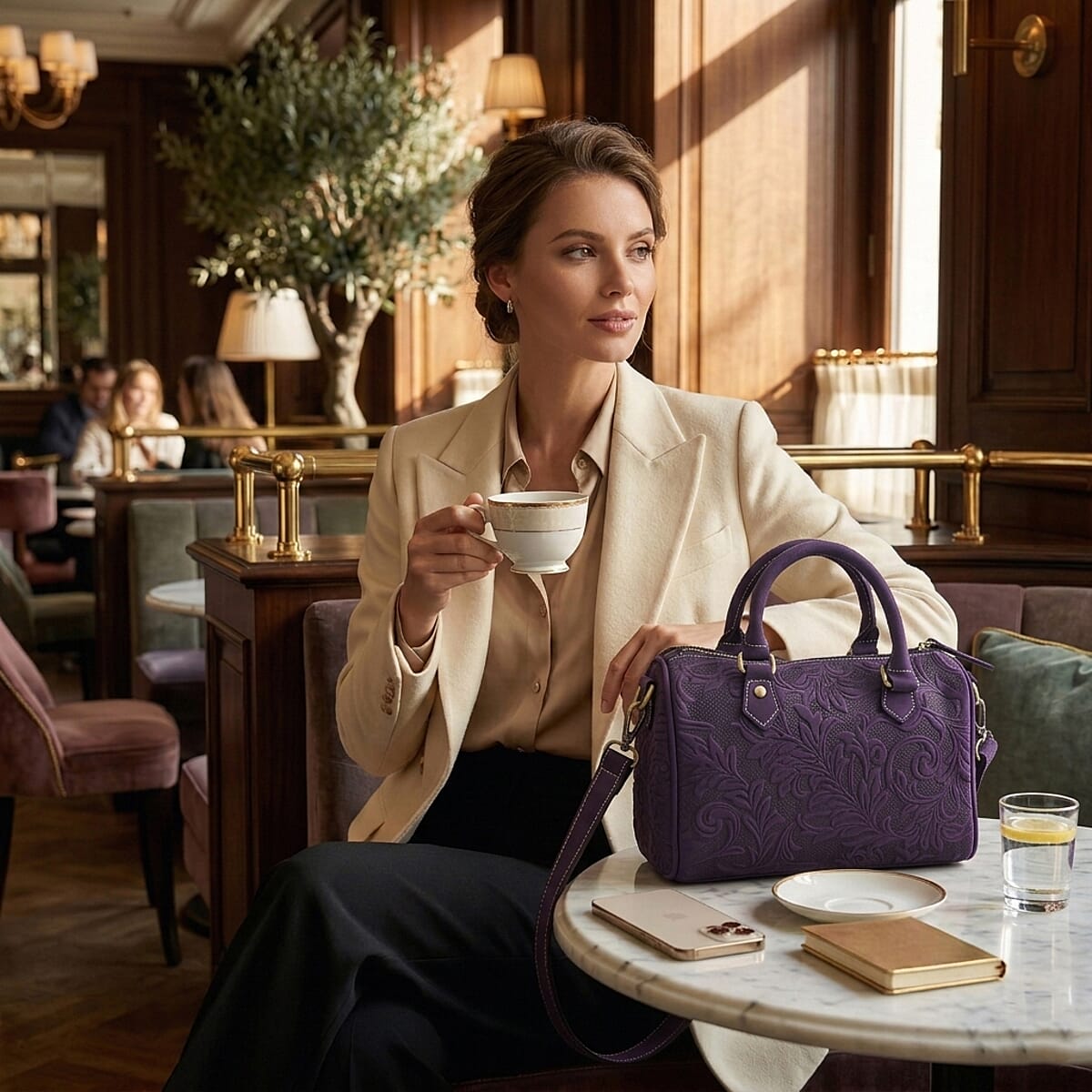 La Marey Purple Herringbone Pattern Genuine Leather Crossbody Bag with Shoulder Strap image number 2