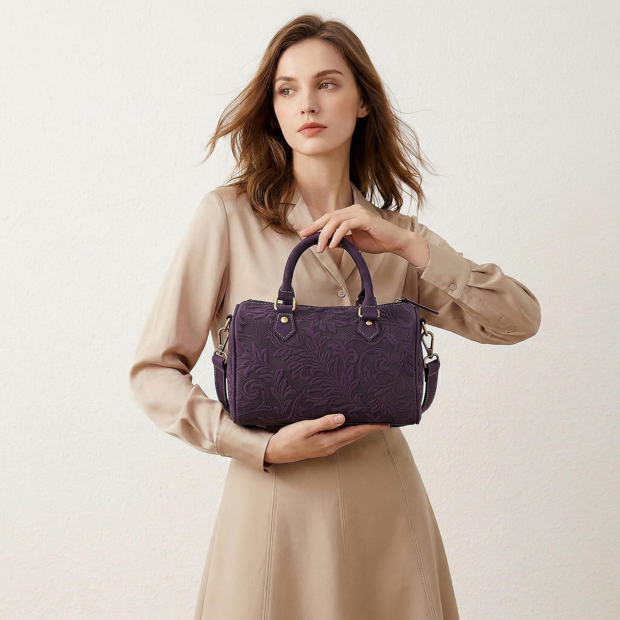 La Marey Purple Herringbone Pattern Genuine Leather Crossbody Bag with Shoulder Strap