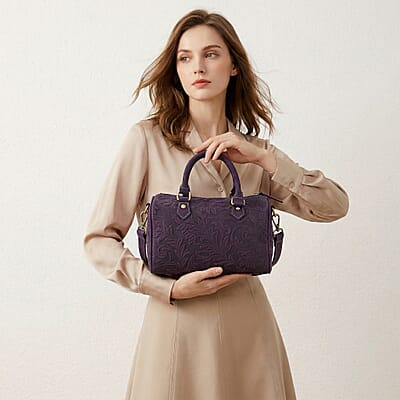 La Marey Purple Herringbone Pattern Genuine Leather Crossbody Bag with Shoulder Strap