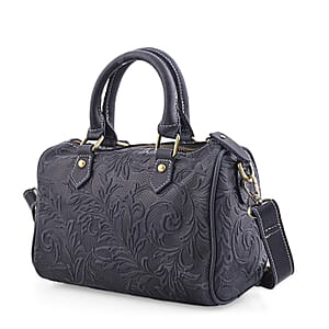 La Marey Blue Herringbone Pattern Genuine Leather Crossbody Bag with Shoulder Strap