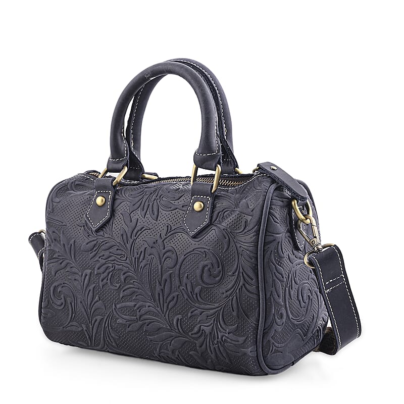La Marey Blue Herringbone Pattern Genuine Leather Crossbody Bag with Shoulder Strap