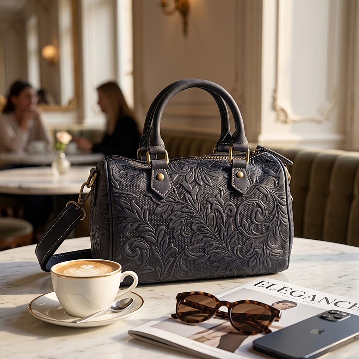 La Marey Blue Herringbone Pattern Genuine Leather Crossbody Bag with Shoulder Strap image number 1