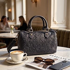 La Marey Blue Herringbone Pattern Genuine Leather Crossbody Bag with Shoulder Strap