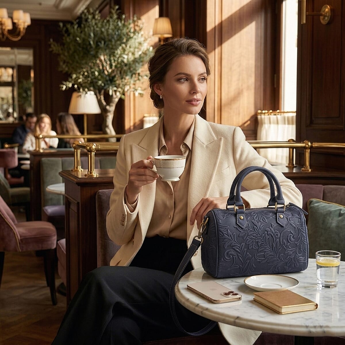 La Marey Blue Herringbone Pattern Genuine Leather Crossbody Bag with Shoulder Strap image number 2