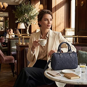 La Marey Blue Herringbone Pattern Genuine Leather Crossbody Bag with Shoulder Strap