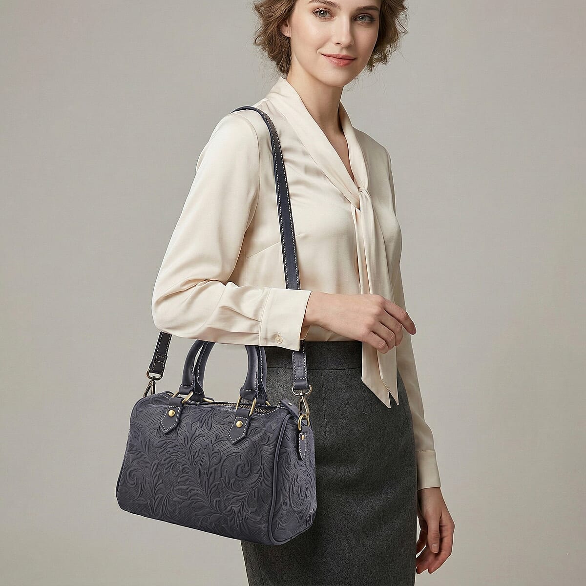 La Marey Blue Herringbone Pattern Genuine Leather Crossbody Bag with Shoulder Strap image number 3