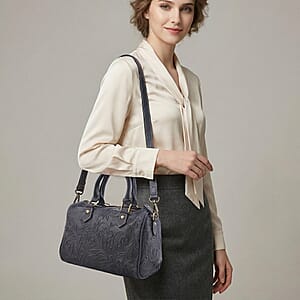 La Marey Blue Herringbone Pattern Genuine Leather Crossbody Bag with Shoulder Strap