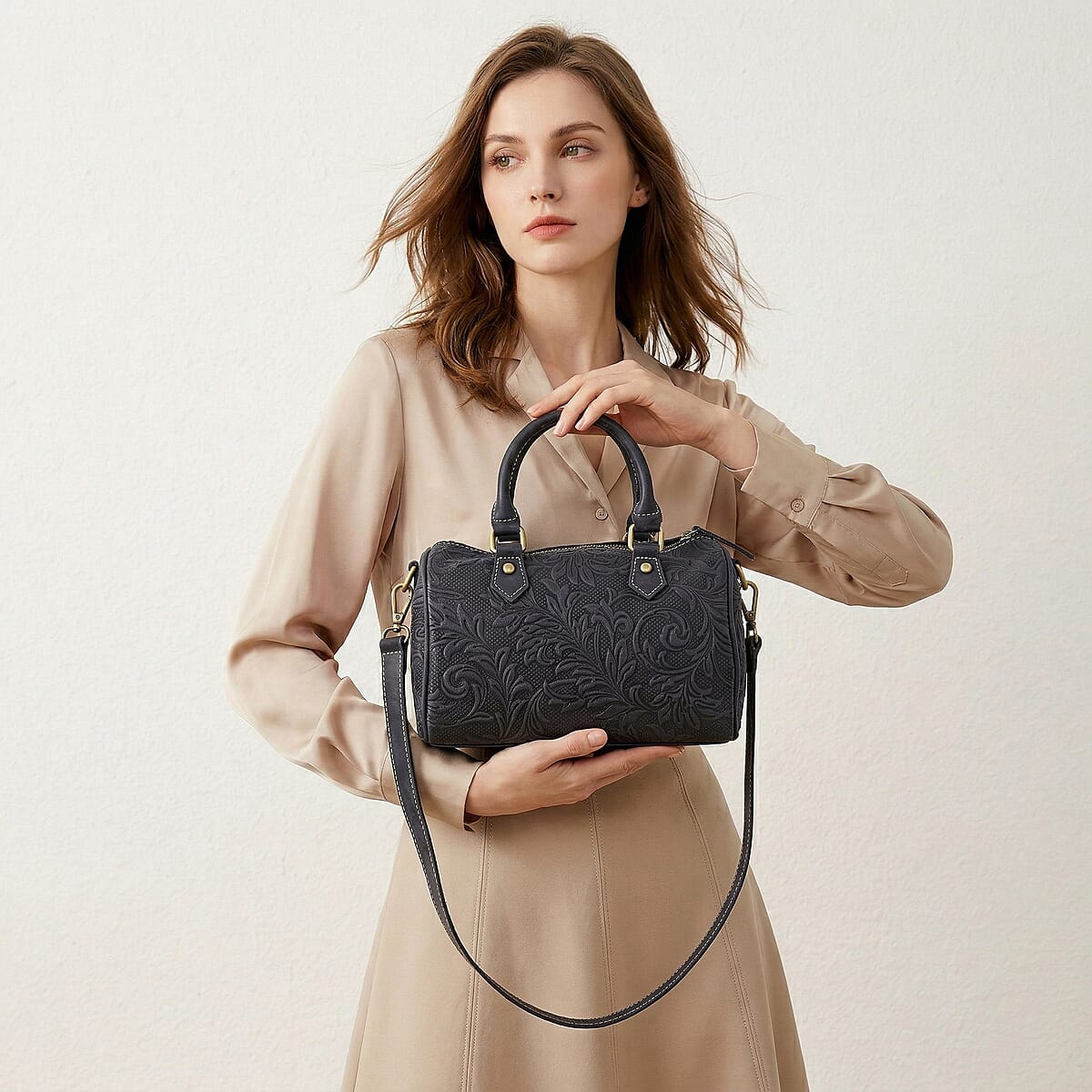 La Marey Blue Herringbone Pattern Genuine Leather Crossbody Bag with Shoulder Strap image number 4